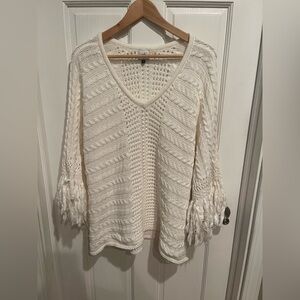 CAbi Fiesta Cream V-Neck Sweater “Poncho” with Fringe Sleeves